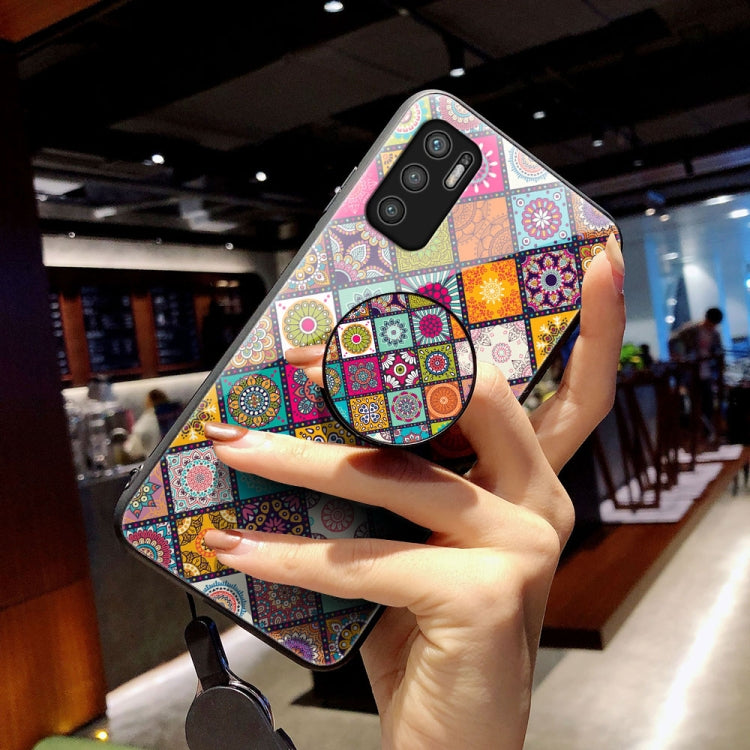 For Xiaomi Redmi Note 10 5G Painted Ethnic Pattern Tempered Glass TPU Shockproof Case with Folding Magnetic Holder & Neck Strap