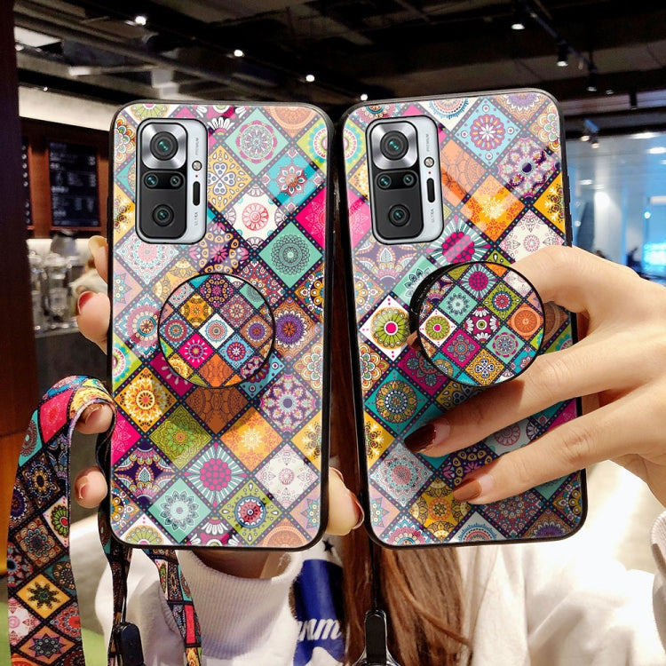 For Xiaomi Redmi Note 10 Pro Painted Ethnic Pattern Tempered Glass TPU Shockproof Case with Folding Magnetic Holder & Neck Strap