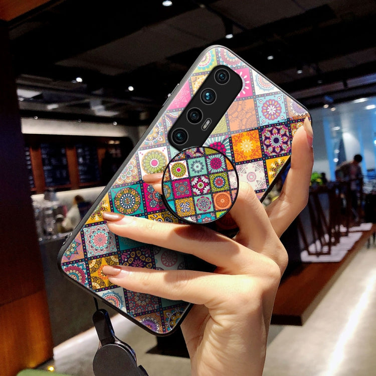 For Xiaomi Mi 10S Painted Ethnic Pattern Tempered Glass TPU Shockproof Case with Folding Magnetic Holder & Neck Strap