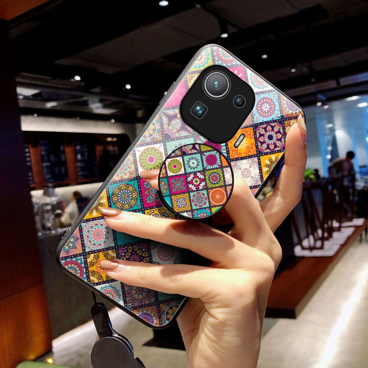 For Xiaomi Mi 11 Pro Painted Ethnic Pattern Tempered Glass TPU Shockproof Case with Folding Magnetic Holder & Neck Strap