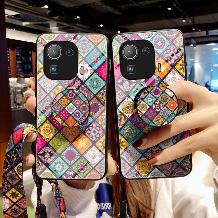 For Xiaomi Mi 11 Pro Painted Ethnic Pattern Tempered Glass TPU Shockproof Case with Folding Magnetic Holder & Neck Strap