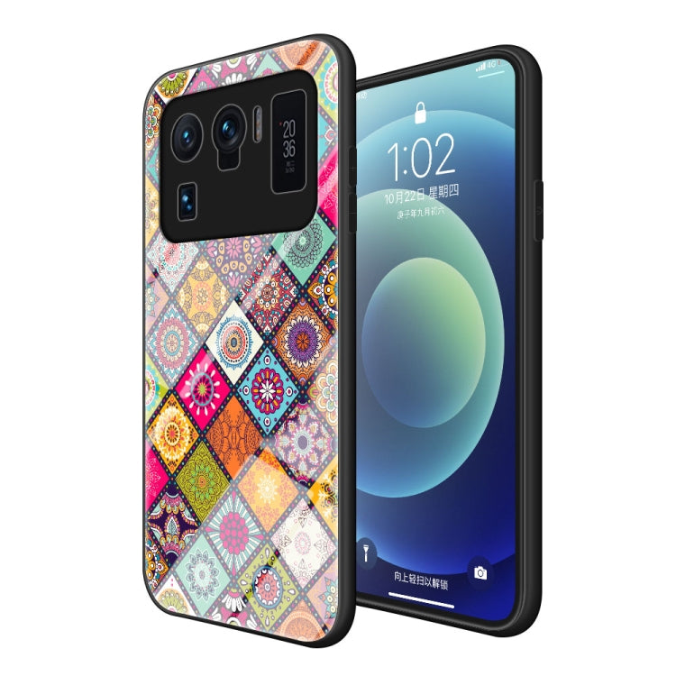 For Xiaomi Mi 11 Ultra Painted Ethnic Pattern Tempered Glass TPU Shockproof Case with Folding Magnetic Holder & Neck Strap