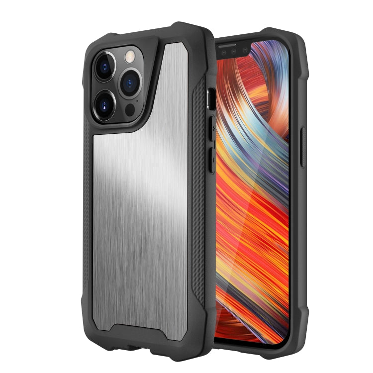 For iPhone 13 Pro Stainless Steel Metal PC Back Cover + TPU Heavy Duty Armor Shockproof Case