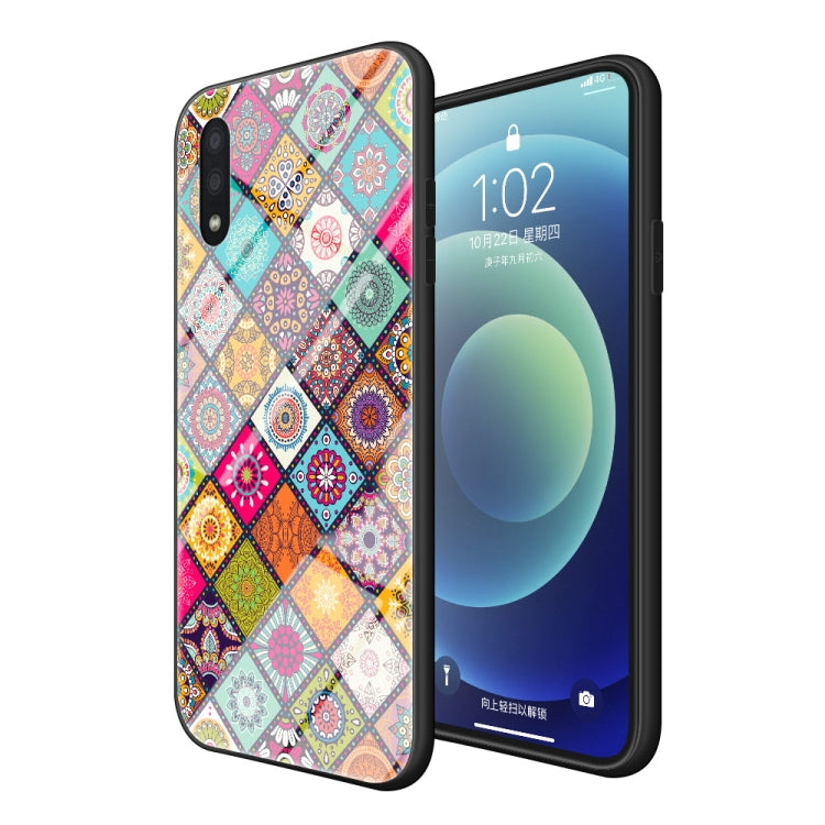 For Samsung Galaxy A01 Painted Ethnic Pattern Tempered Glass TPU Shockproof Case with Folding Magnetic Holder & Neck Strap