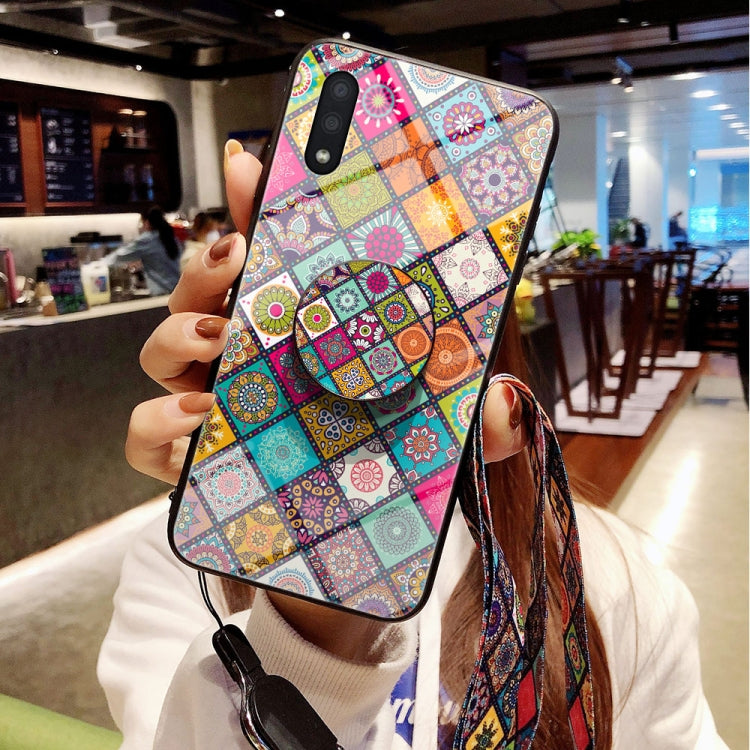 For Samsung Galaxy A01 Painted Ethnic Pattern Tempered Glass TPU Shockproof Case with Folding Magnetic Holder & Neck Strap