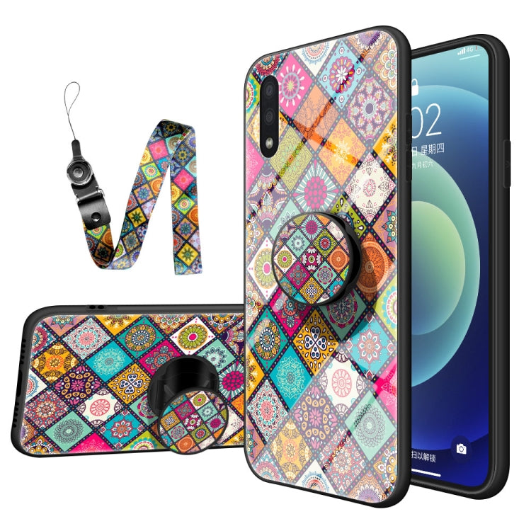 For Samsung Galaxy A01 Painted Ethnic Pattern Tempered Glass TPU Shockproof Case with Folding Magnetic Holder & Neck Strap