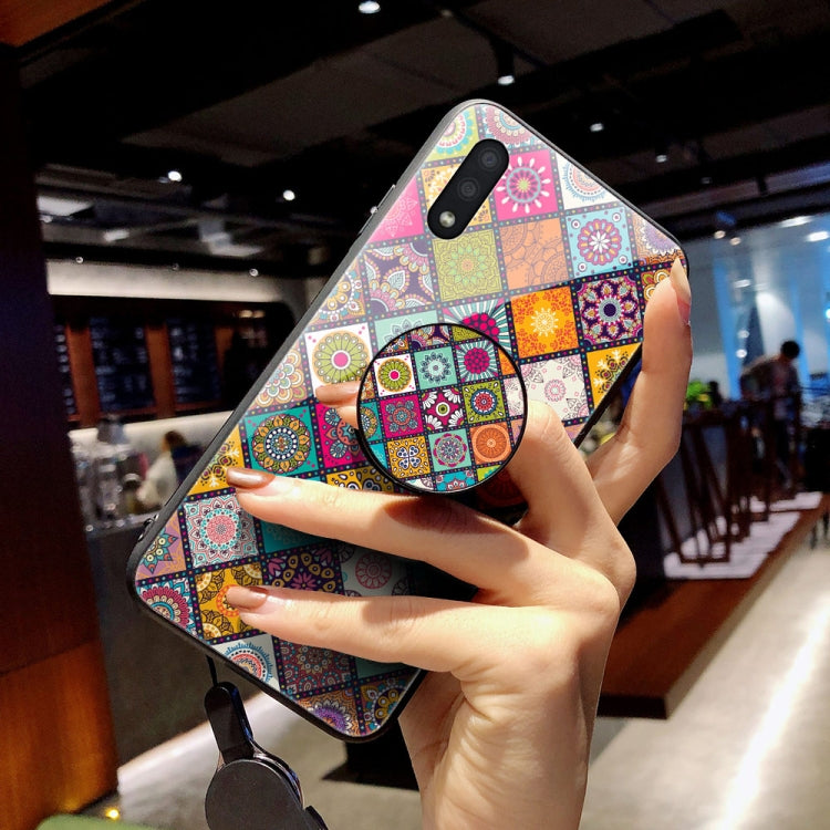 For Samsung Galaxy A01 Painted Ethnic Pattern Tempered Glass TPU Shockproof Case with Folding Magnetic Holder & Neck Strap