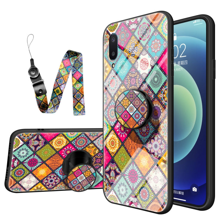 For Samsung Galaxy A02 Painted Ethnic Pattern Tempered Glass TPU Shockproof Case with Folding Magnetic Holder & Neck Strap