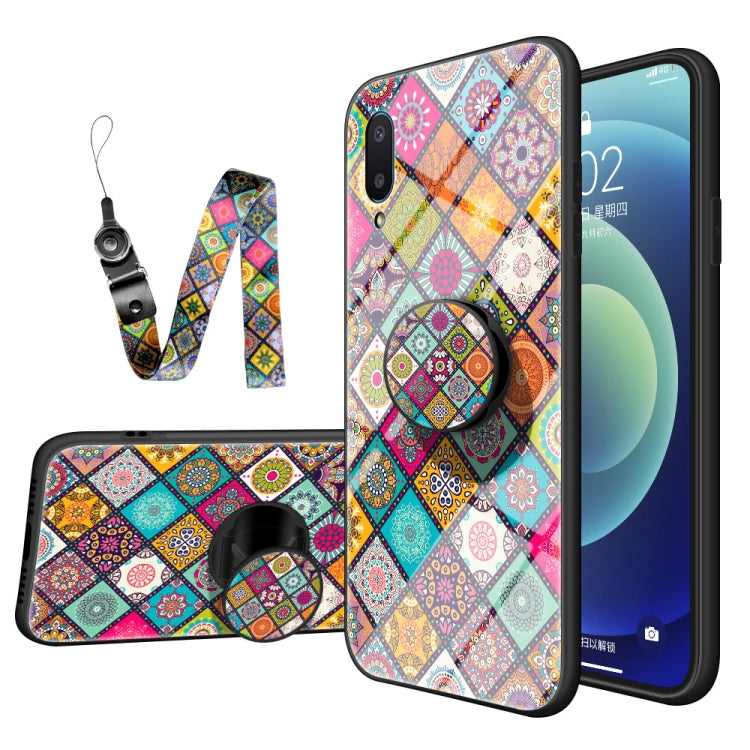 For Samsung Galaxy A02 Painted Ethnic Pattern Tempered Glass TPU Shockproof Case with Folding Magnetic Holder & Neck Strap