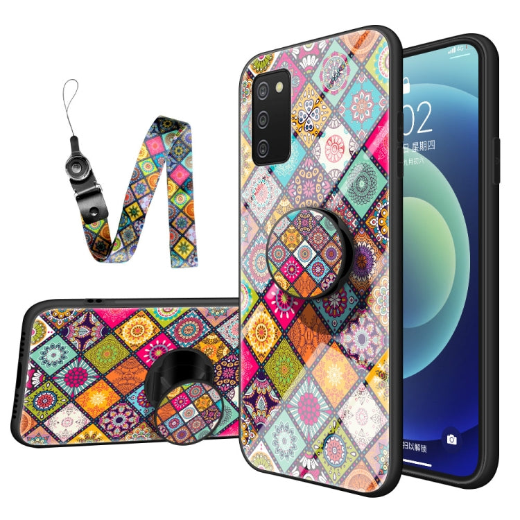 For Samsung Galaxy A02s Painted Ethnic Pattern Tempered Glass TPU Shockproof Case with Folding Magnetic Holder & Neck Strap