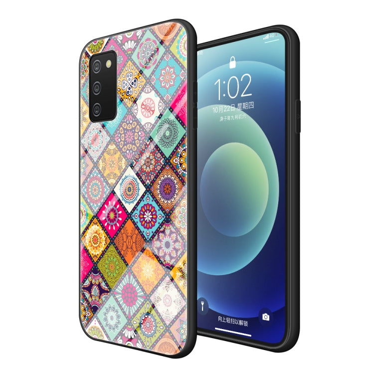 For Samsung Galaxy A02s Painted Ethnic Pattern Tempered Glass TPU Shockproof Case with Folding Magnetic Holder & Neck Strap