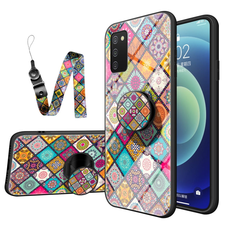 For Samsung Galaxy A02s Painted Ethnic Pattern Tempered Glass TPU Shockproof Case with Folding Magnetic Holder & Neck Strap