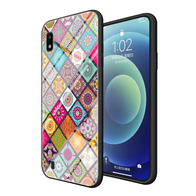 For Samsung Galaxy A10 Painted Ethnic Pattern Tempered Glass TPU Shockproof Case with Folding Magnetic Holder & Neck Strap