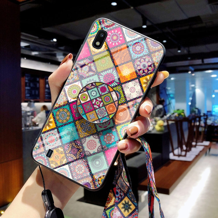 For Samsung Galaxy A10 Painted Ethnic Pattern Tempered Glass TPU Shockproof Case with Folding Magnetic Holder & Neck Strap