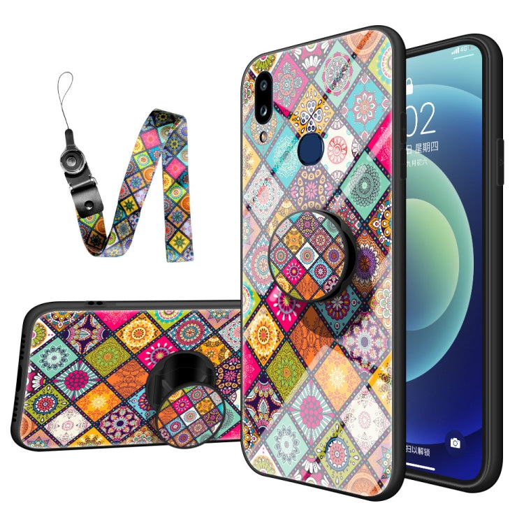 For Samsung Galaxy A10s Painted Ethnic Pattern Tempered Glass TPU Shockproof Case with Folding Magnetic Holder & Neck Strap