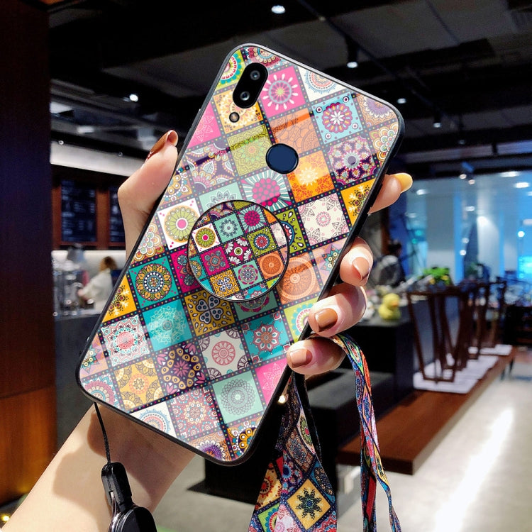 For Samsung Galaxy A10s Painted Ethnic Pattern Tempered Glass TPU Shockproof Case with Folding Magnetic Holder & Neck Strap