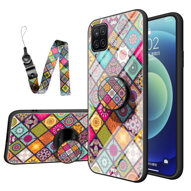 For Samsung Galaxy A12 Painted Ethnic Pattern Tempered Glass TPU Shockproof Case with Folding Magnetic Holder & Neck Strap