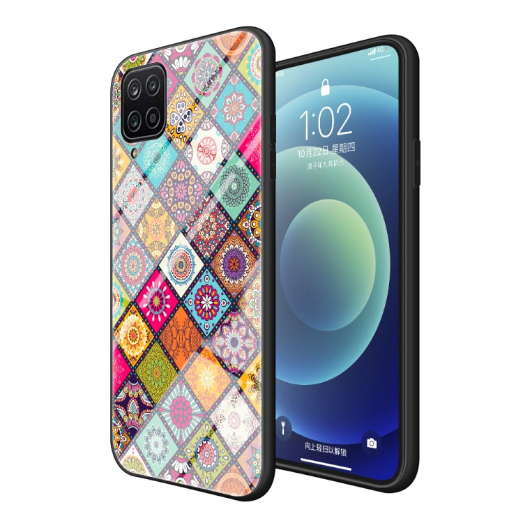 For Samsung Galaxy A12 Painted Ethnic Pattern Tempered Glass TPU Shockproof Case with Folding Magnetic Holder & Neck Strap