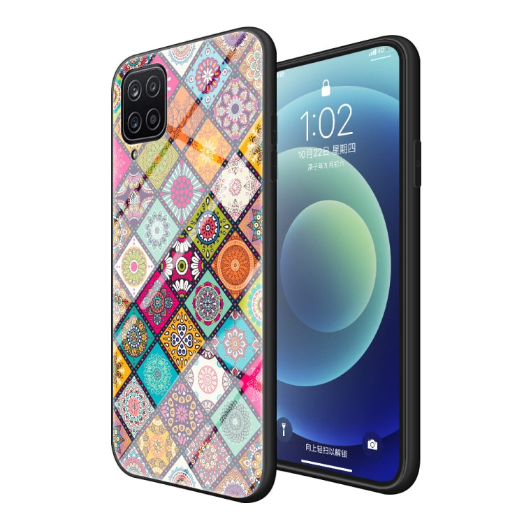 For Samsung Galaxy A12 Painted Ethnic Pattern Tempered Glass TPU Shockproof Case with Folding Magnetic Holder & Neck Strap