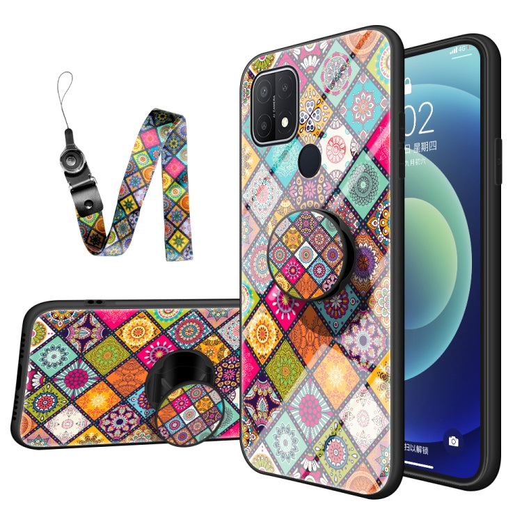 For OPPO A15 Painted Ethnic Pattern Tempered Glass TPU Shockproof Case with Folding Magnetic Holder & Neck Strap