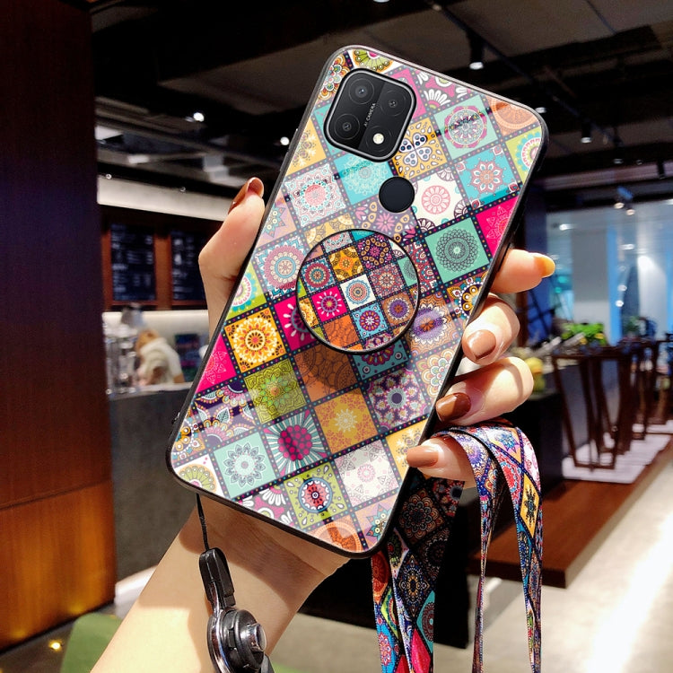 For OPPO A15 Painted Ethnic Pattern Tempered Glass TPU Shockproof Case with Folding Magnetic Holder & Neck Strap