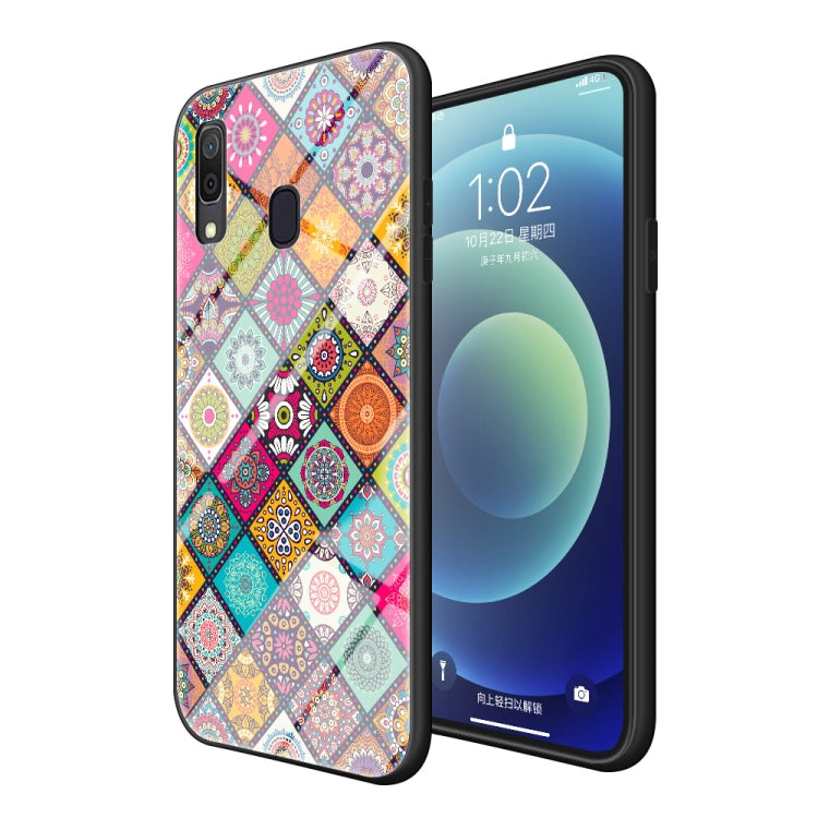 For Samsung Galaxy A20 / A30 Painted Ethnic Pattern Tempered Glass TPU Shockproof Case with Folding Magnetic Holder & Neck Strap