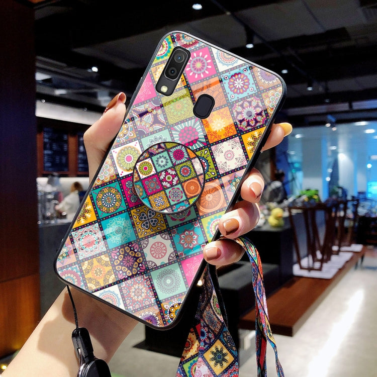For Samsung Galaxy A20 / A30 Painted Ethnic Pattern Tempered Glass TPU Shockproof Case with Folding Magnetic Holder & Neck Strap
