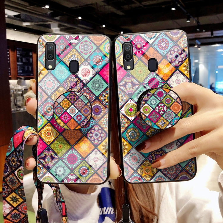 For Samsung Galaxy A20 / A30 Painted Ethnic Pattern Tempered Glass TPU Shockproof Case with Folding Magnetic Holder & Neck Strap