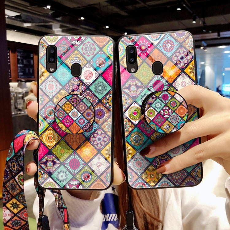 For Samsung Galaxy A20e Painted Ethnic Pattern Tempered Glass TPU Shockproof Case with Folding Magnetic Holder & Neck Strap