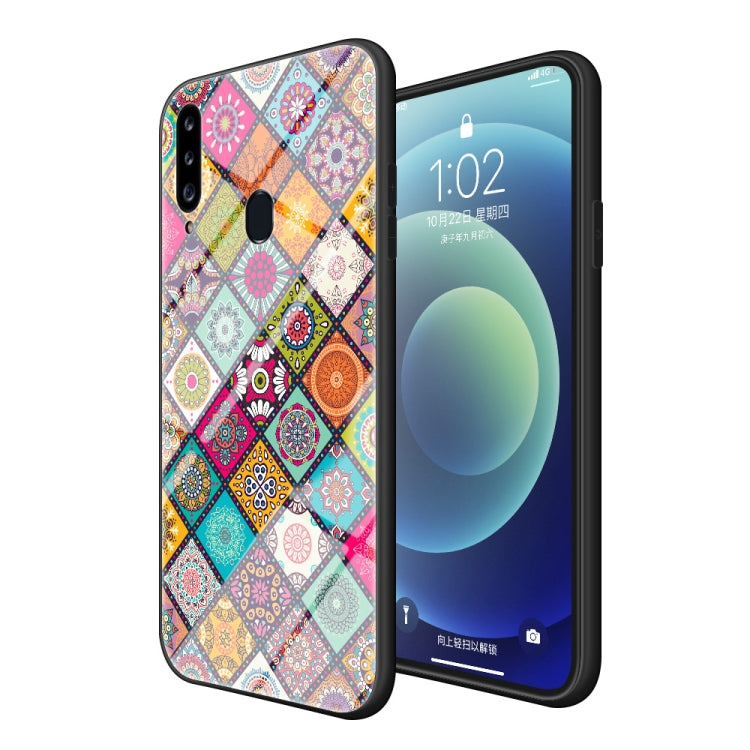For Samsung Galaxy A20s Painted Ethnic Pattern Tempered Glass TPU Shockproof Case with Folding Magnetic Holder & Neck Strap