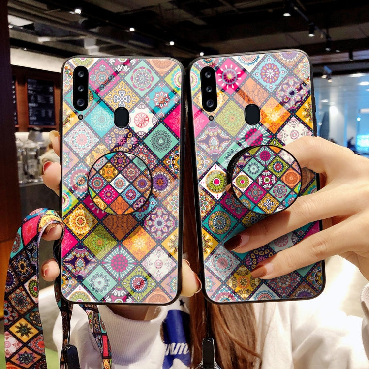For Samsung Galaxy A20s Painted Ethnic Pattern Tempered Glass TPU Shockproof Case with Folding Magnetic Holder & Neck Strap