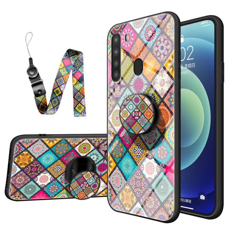 For Samsung Galaxy A21 Painted Ethnic Pattern Tempered Glass TPU Shockproof Case with Folding Magnetic Holder & Neck Strap