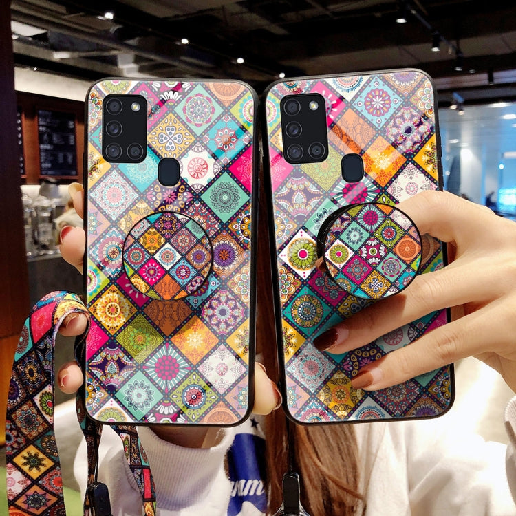 For Samsung Galaxy A21s Painted Ethnic Pattern Tempered Glass TPU Shockproof Case with Folding Magnetic Holder & Neck Strap