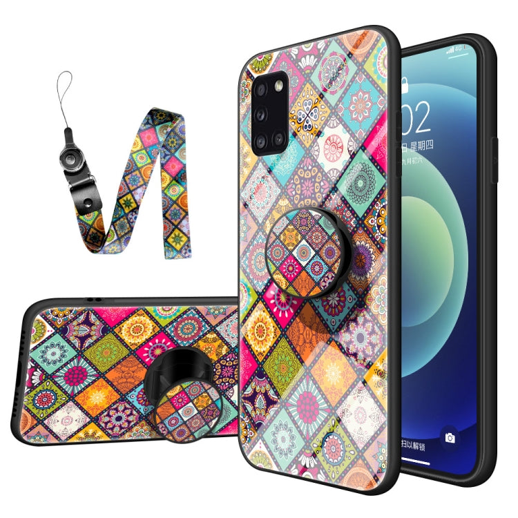 For Samsung Galaxy A31 Painted Ethnic Pattern Tempered Glass TPU Shockproof Case with Folding Magnetic Holder & Neck Strap