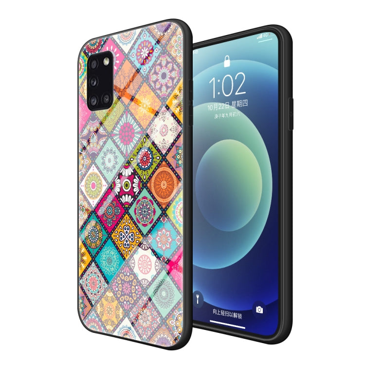 For Samsung Galaxy A31 Painted Ethnic Pattern Tempered Glass TPU Shockproof Case with Folding Magnetic Holder & Neck Strap
