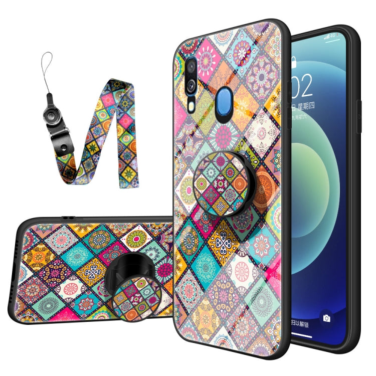 For Samsung Galaxy A40 Painted Ethnic Pattern Tempered Glass TPU Shockproof Case with Folding Magnetic Holder & Neck Strap