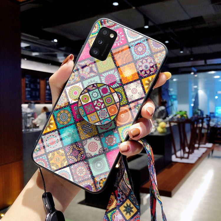 For Samsung Galaxy A41 Painted Ethnic Pattern Tempered Glass TPU Shockproof Case with Folding Magnetic Holder & Neck Strap