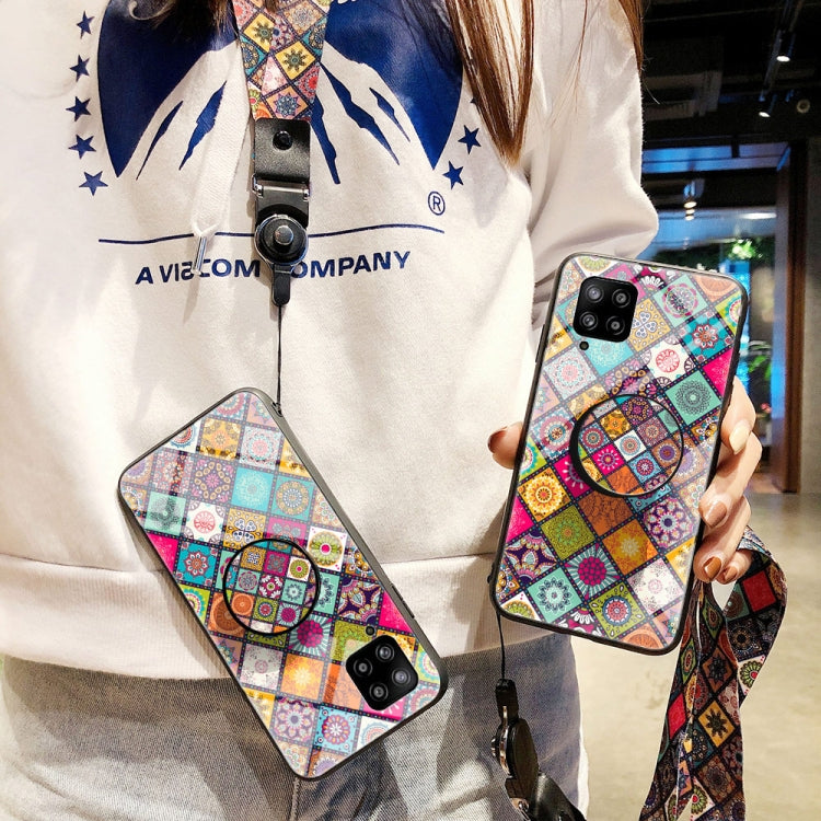 For Samsung Galaxy A42 Painted Ethnic Pattern Tempered Glass TPU Shockproof Case with Folding Magnetic Holder & Neck Strap