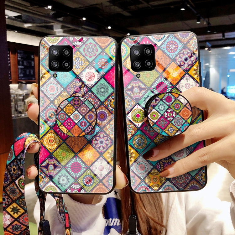 For Samsung Galaxy A42 Painted Ethnic Pattern Tempered Glass TPU Shockproof Case with Folding Magnetic Holder & Neck Strap