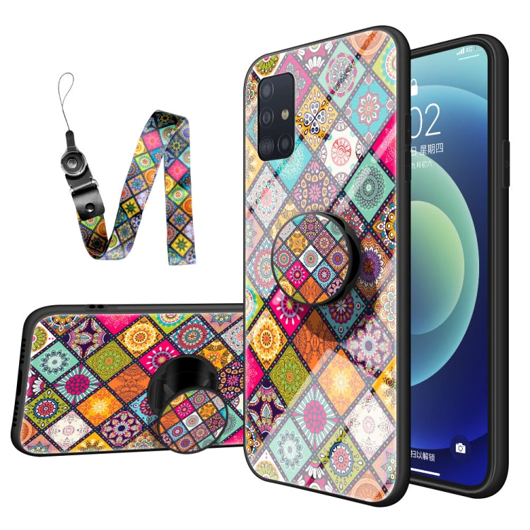 For Samsung Galaxy A51 Painted Ethnic Pattern Tempered Glass TPU Shockproof Case with Folding Magnetic Holder & Neck Strap