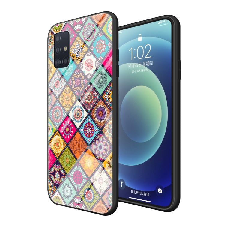 For Samsung Galaxy A51 Painted Ethnic Pattern Tempered Glass TPU Shockproof Case with Folding Magnetic Holder & Neck Strap