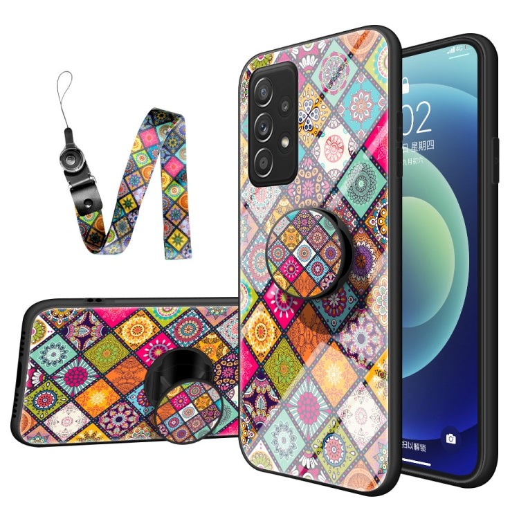 For Samsung Galaxy A52 Painted Ethnic Pattern Tempered Glass TPU Shockproof Case with Folding Magnetic Holder & Neck Strap