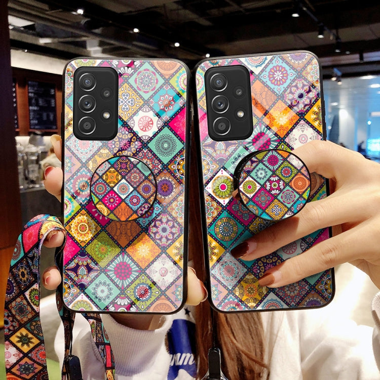 For Samsung Galaxy A52 Painted Ethnic Pattern Tempered Glass TPU Shockproof Case with Folding Magnetic Holder & Neck Strap