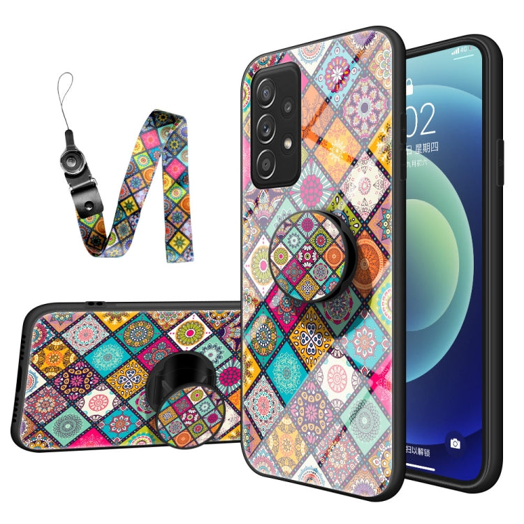 For Samsung Galaxy A52 Painted Ethnic Pattern Tempered Glass TPU Shockproof Case with Folding Magnetic Holder & Neck Strap