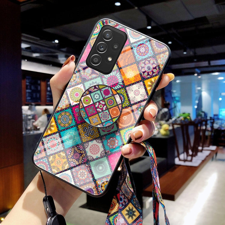 For Samsung Galaxy A52 Painted Ethnic Pattern Tempered Glass TPU Shockproof Case with Folding Magnetic Holder & Neck Strap