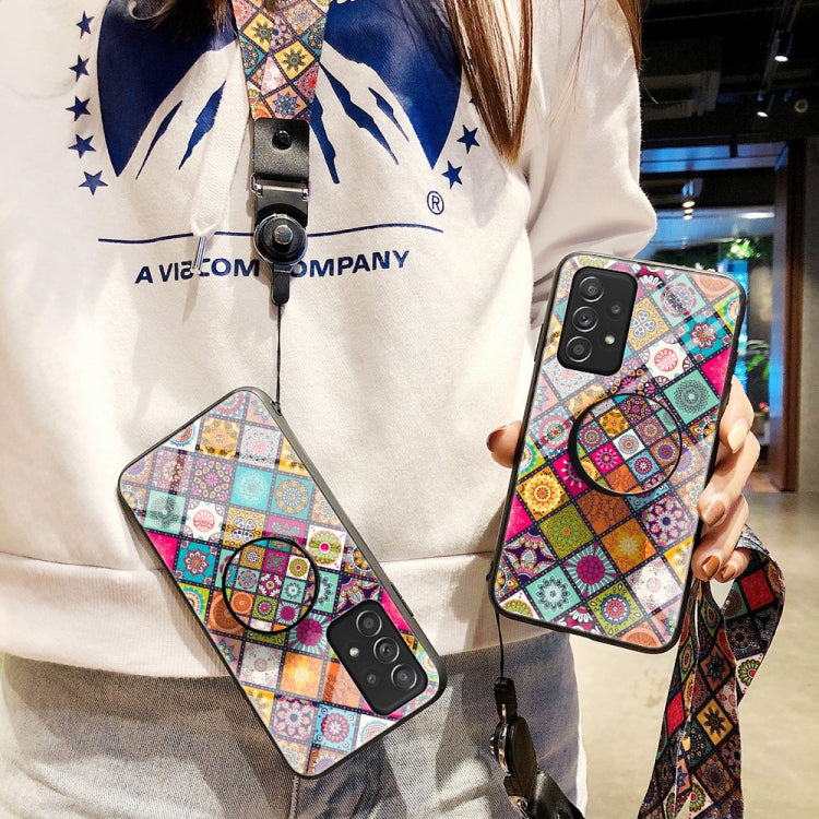 For Samsung Galaxy A52 Painted Ethnic Pattern Tempered Glass TPU Shockproof Case with Folding Magnetic Holder & Neck Strap