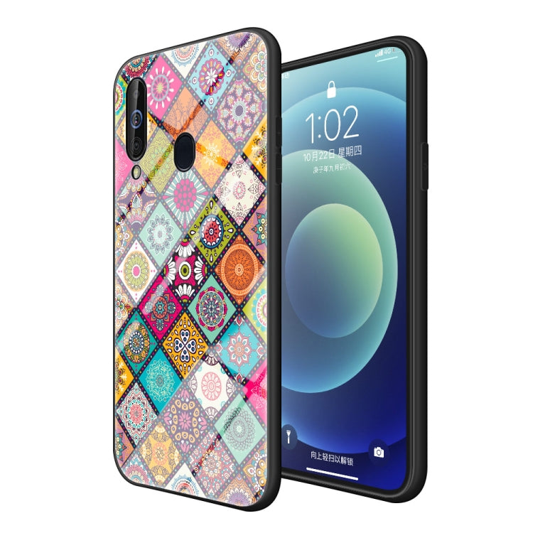 For Samsung Galaxy A60 Painted Ethnic Pattern Tempered Glass TPU Shockproof Case with Folding Magnetic Holder & Neck Strap