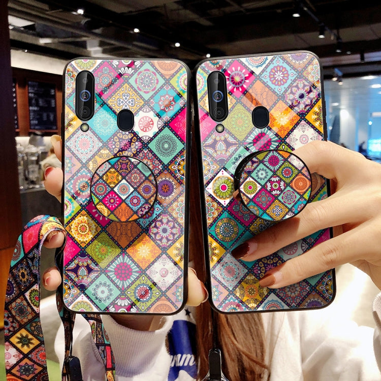 For Samsung Galaxy A60 Painted Ethnic Pattern Tempered Glass TPU Shockproof Case with Folding Magnetic Holder & Neck Strap