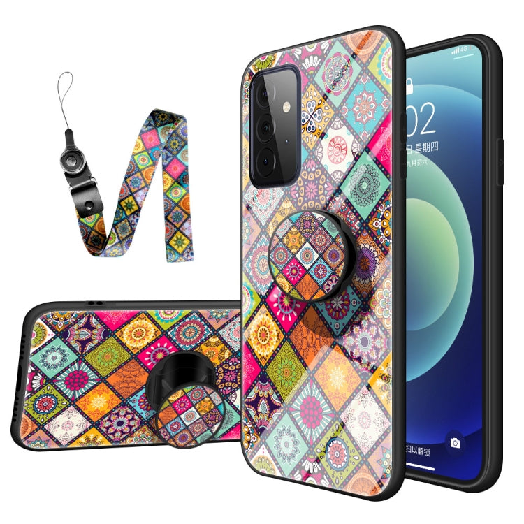 For Samsung Galaxy A72 5G Painted Ethnic Pattern Tempered Glass TPU Shockproof Case with Folding Magnetic Holder & Neck Strap
