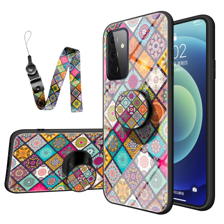 For Samsung Galaxy A72 5G Painted Ethnic Pattern Tempered Glass TPU Shockproof Case with Folding Magnetic Holder & Neck Strap